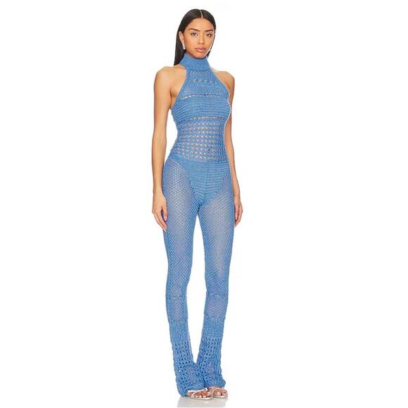 Retrofete Kalena Knit Crochet Tropical Blue Flared Jumpsuit Size Small - Picture 3 of 12